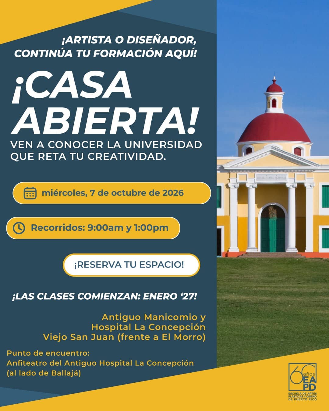Tu futuro creativo comienza con una visita. Si estás considerando estudiar arte o diseño, esta es la oportunidad perfecta para conocer la EAPD desde adentro. Recorre nuestros espacios, descubre nuestros programas académicos y visualiza dónde desarrollarás tu talento. 📅 Casa Abierta
🗓 Miércoles, 7 de octubre de 2026
🕘 Recorridos: 9:00 a.m. y 1:00 p.m. Las clases comienzan en enero de 2027. ¡Reserva tu espacio y da el primer paso hacia tu carrera profesional! https://forms.gle/t2nm3rebZCEjo6Zq9