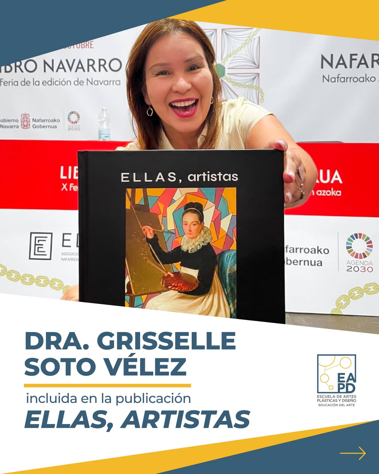 ✨ Felicitamos a nuestra Directora del Departamento de Educación del Arte, la Dra. Grisselle Soto Vélez quien fue incluida en la publicación Ellas, Artistas. 🎨💙💛
En este libro la autora María Jesús Castillejo busca visibilizar el trabajo de 300 mujeres de todo el mundo en distintas expresiones artísticas. Se trata de un híbrido entre el ensayo y el álbum fotográfico, con textos breves y muchas fotografías de las artistas o de sus obras. Además, incluye estadísticas interesantes sobre la participación de la mujer en el mundo del arte como por ejemplo: solo un 4-5 % de las obras que se ven en los museos de todo el mundo pertenecen a mujeres artistas.
Esperamos contar con ejemplares en nuestra biblioteca 📚✨
#EAPD #RetaTuCreatividad #EducaciónDelArte #MujeresArtistas #EllasArtistas @grisselle.soto.velez