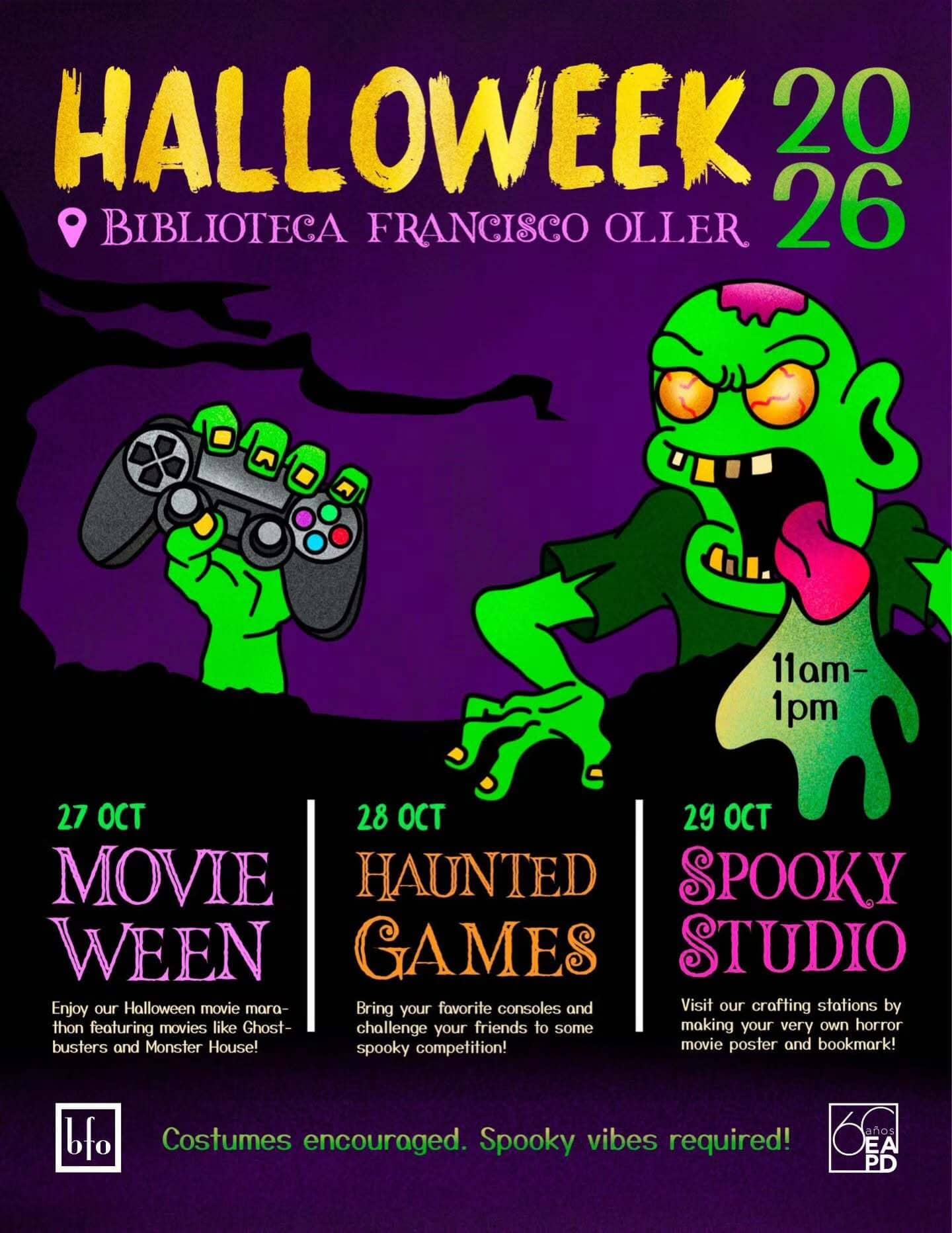 🎃✨ ¡La diversión continúa en la Biblioteca Francisco Oller!
Todavía estás a tiempo de disfrutar de las actividades de esta semana en la EAPD. 💙💛
🎮 Hoy, 28 de octubre: Haunted Games y torneo de Dungeons & Dragons.
🎨🎬 Mañana, 29 de octubre: Spooky Studio y proyección de Dungeons & Dragons (2023).
✨ ¡Desliza para conocer la programación y anímate a participar!
#EAPD #RetaTuCreatividad #BibliotecaFranciscoOller #Halloweek2026 #ComunidadEAPD @biblioteca_francisco_oller